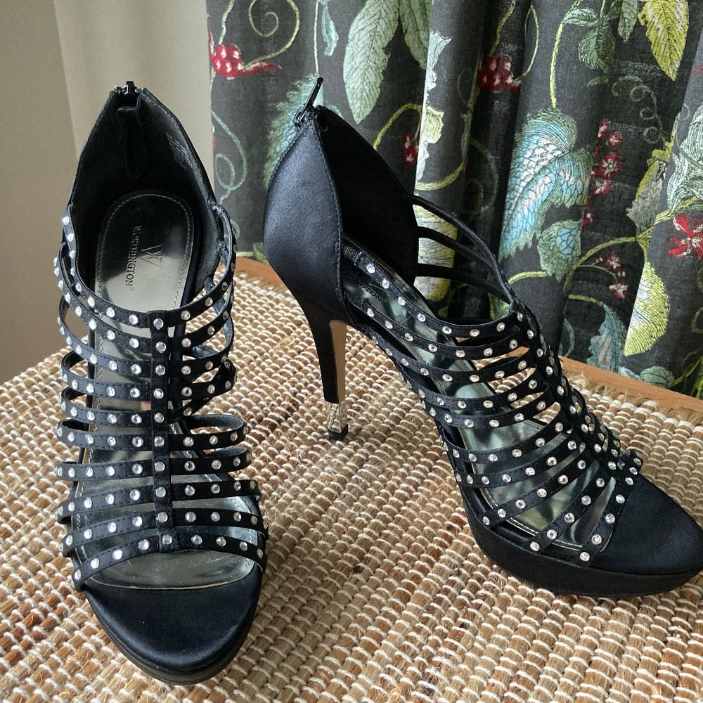 Worthington Black Satin Strappy Rhinestone Zip Back Stiletto Heel Pumps 9.5 M